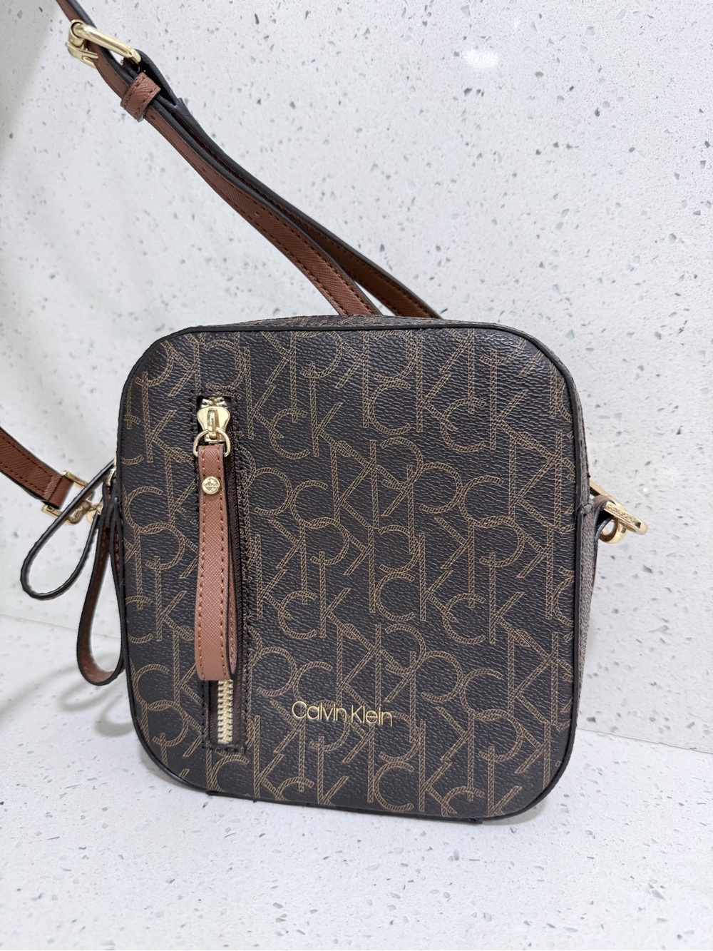 Calvin Klein Brown Monogram Square Crossbody with Tan Strap - Picture 1 of 7